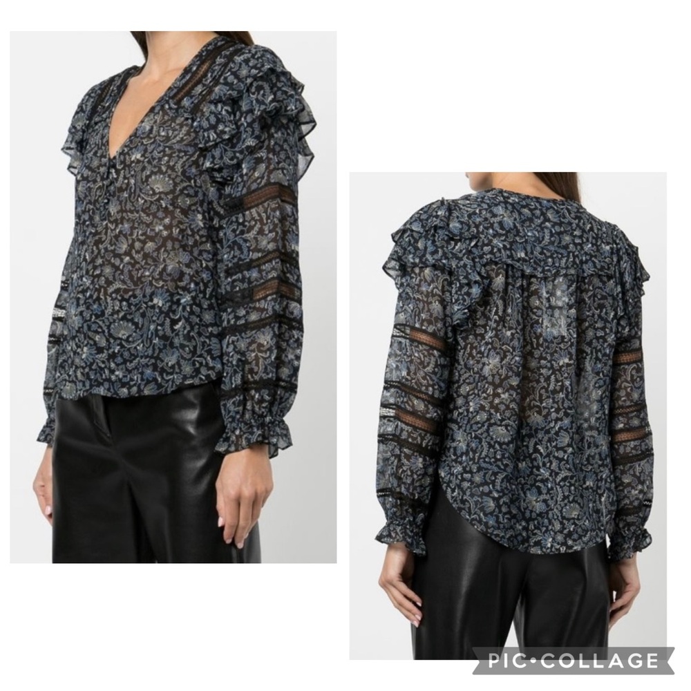 VERONICA BEARD Women’s Black Blue Paisley Print Silk PENNY Blouse Lace Size 2